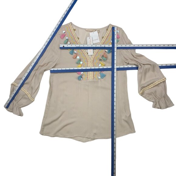 Soft Surroundings Clementine Tunic Top S Natural Embroidered Tassels Coastal - Picture 5 of 12